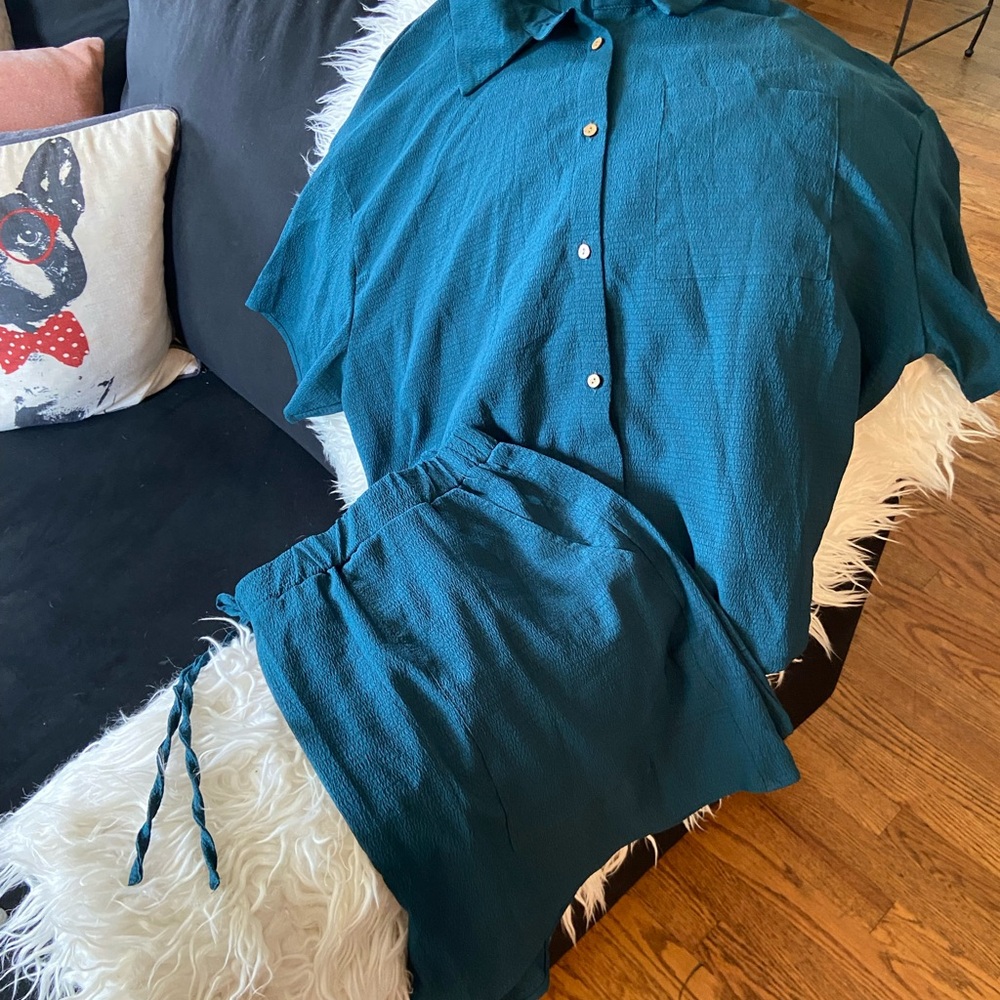 Teal Button-Up Shirt and Drawstring Pants Set